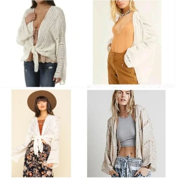 Free People One Willow Kimono White Lace Floral Open Front Tie Beach Boho Preppy - Picture 2 of 12